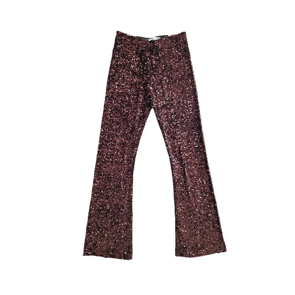 Zara Brown Sequin Flare Pants Elastic Waist Size Medium